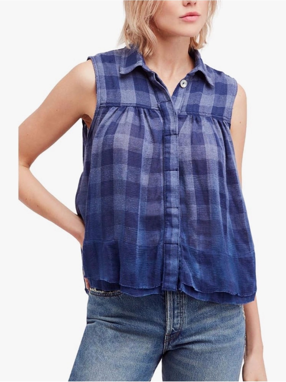 Free People Hey There Sunrise Blue Plaid Sleeveless Button Top Shirt Size XS